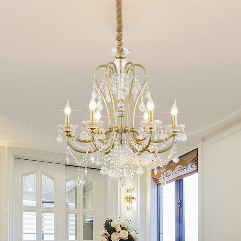 Gold Candlestick Chandelier Light Rural Beveled Crystal 4/6 Heads Bedroom Suspension Lighting Clearhalo 'Ceiling Lights' 'Chandeliers' Lighting' options 882197