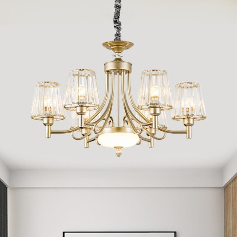 Minimalism Cone Pendant Light 3/6 Bulbs Clear Crystal Block Hanging Chandelier in Gold for Bedroom 6 Gold Clearhalo 'Ceiling Lights' 'Chandeliers' 'Modern Chandeliers' 'Modern' Lighting' 882209