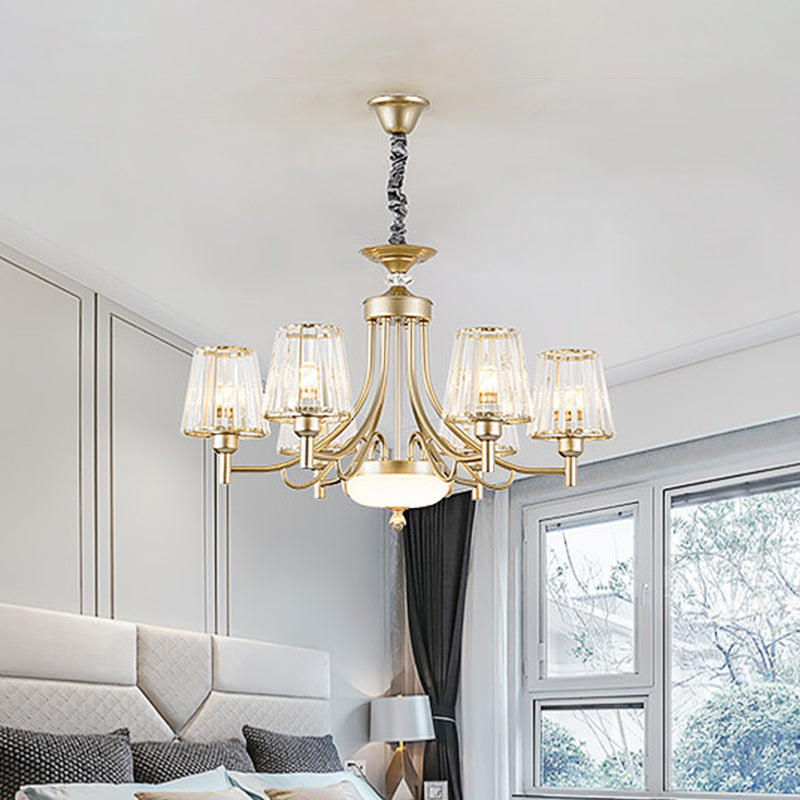 Minimalism Cone Pendant Light 3/6 Bulbs Clear Crystal Block Hanging Chandelier in Gold for Bedroom Clearhalo 'Ceiling Lights' 'Chandeliers' 'Modern Chandeliers' 'Modern' Lighting' 882211