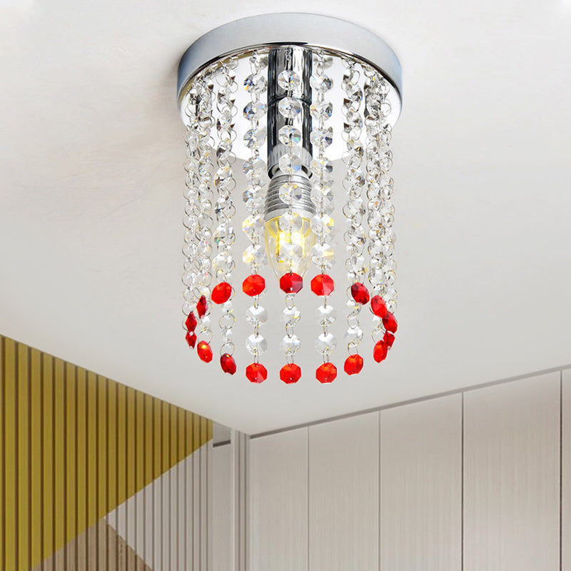 Chrome 1 Bulb Flush Mount Minimalism Clear and Red Crystal Cascade Flush Ceiling Light Clearhalo 'Ceiling Lights' 'Close To Ceiling Lights' 'Close to ceiling' 'Flush mount' Lighting' 882295