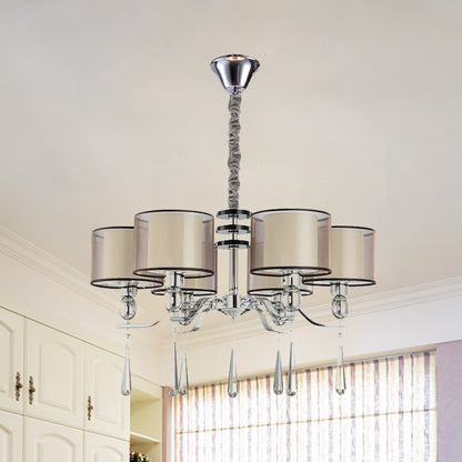 6 Bulbs Cylinder Chandelier Light Rustic Chrome Fabric Pendant Lighting Fixture with Crystal Drop Chrome Clearhalo 'Ceiling Lights' 'Chandeliers' Lighting' options 882298_f67b66b7-b411-4071-9b44-6329af1de249