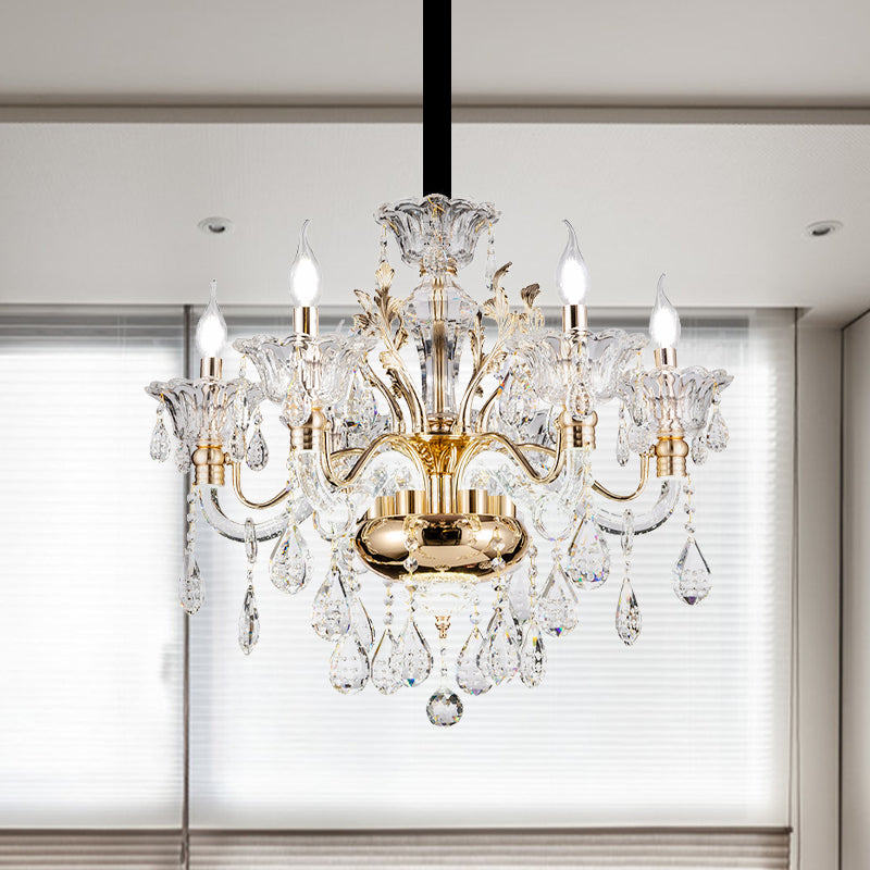 6 Lights K9 Crystal Pendant Light Mid-Century Gold Candlestick Bedroom Chandelier Lamp Gold Clearhalo 'Ceiling Lights' 'Chandeliers' Lighting' options 882370_028a62f9-affc-466d-8324-6b7d561bdc12