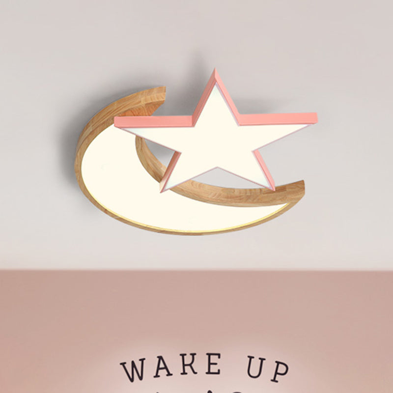 LED Bedroom Flush Light Fixture Minimalism Grey/Pink/Green Ceiling Flush with Moon and Star Acrylic Shade Pink Clearhalo 'Ceiling Lights' 'Close To Ceiling Lights' 'Close to ceiling' 'Flush mount' Lighting' 882650