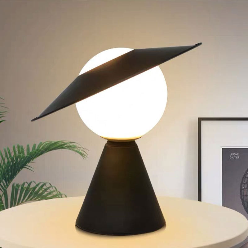 Opal Glass Sphere Small Desk Light Modernist 1 Head Table Lamp with Black/Red Hat Design and Cone Base Black Clearhalo 'Lamps' 'Table Lamps' Lighting' 882942