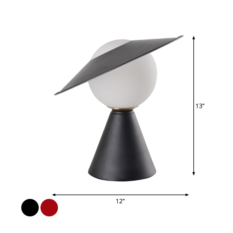 Opal Glass Sphere Small Desk Light Modernist 1 Head Table Lamp with Black/Red Hat Design and Cone Base Clearhalo 'Lamps' 'Table Lamps' Lighting' 882945