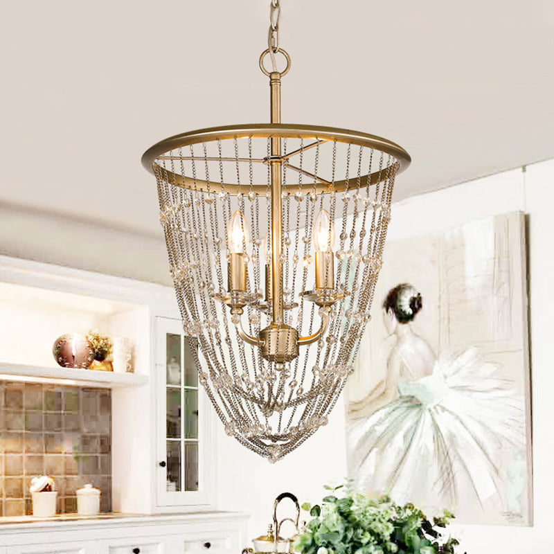 Contemporary Candle Chandelier Lamp 3 Heads Crystal Suspension Light in Gold with Draped Chain Gold Clearhalo 'Ceiling Lights' 'Chandeliers' 'Modern Chandeliers' 'Modern' Lighting' 883012