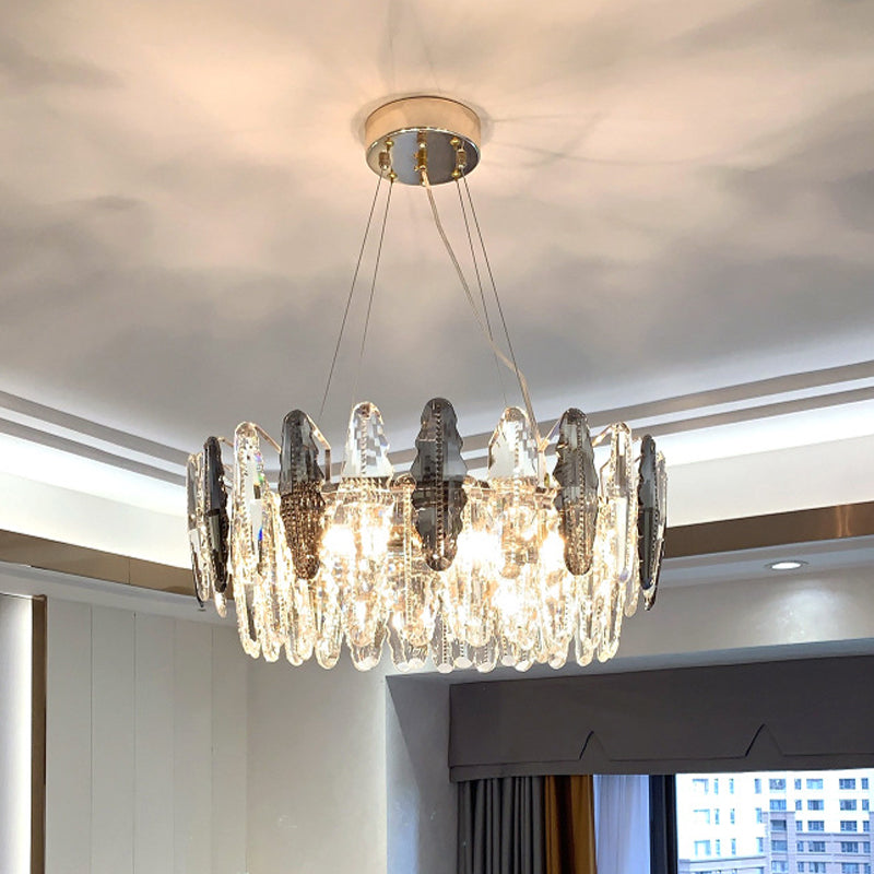 Modernist 2 Tiers Suspension Lighting 6 Heads Clear and Smoke Gray Crystal Chandelier Light Smoke Gray Clearhalo 'Ceiling Lights' 'Chandeliers' 'Modern Chandeliers' 'Modern' Lighting' 883086
