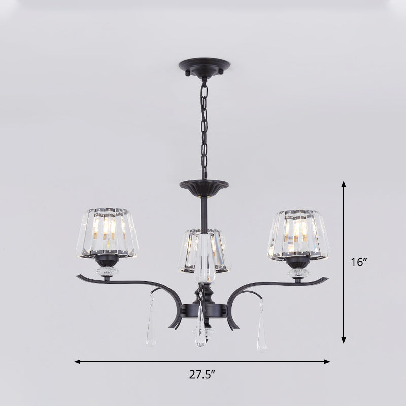 Crystal Block Cone Chandelier Modernism 3/6-Bulb Bedroom Ceiling Suspension Lamp in Black Clearhalo 'Ceiling Lights' 'Chandeliers' 'Modern Chandeliers' 'Modern' Lighting' 883093