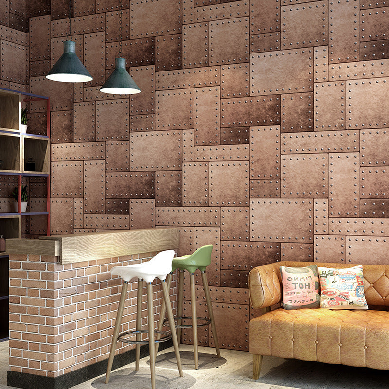 Vinyl Wallpaper 3D Effect Rectangle with Rivets around the Edge, 33-foot x 20.5-inch Brown Clearhalo 'Industrial wall decor' 'Industrial' 'Wallpaper' Wall Decor' 883556
