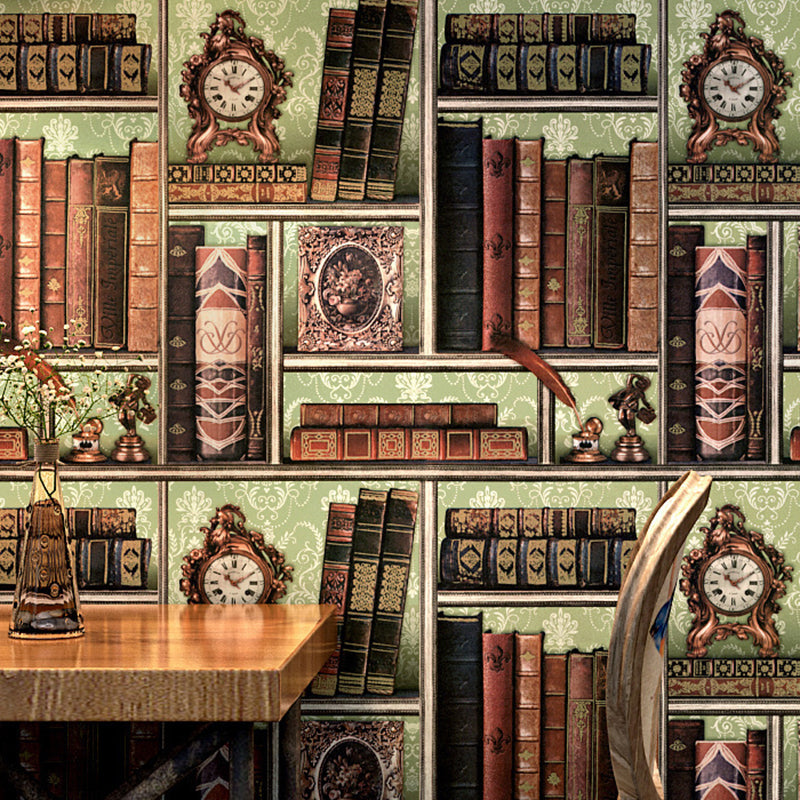 Victorian 3D Effect Bookstores Wallpaper in Brown Vinyl Decorative Wall Covering, 33' by 20.5" Green Clearhalo 'Industrial wall decor' 'Industrial' 'Wallpaper' Wall Decor' 883574