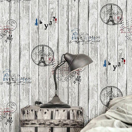 Decorative Wood Bars Wallpaper Non-Pasted PVC Wall Covering with Eiffel Tower, 31' x 20.5" Grey Clearhalo 'Industrial wall decor' 'Industrial' 'Wallpaper' Wall Decor' 883590