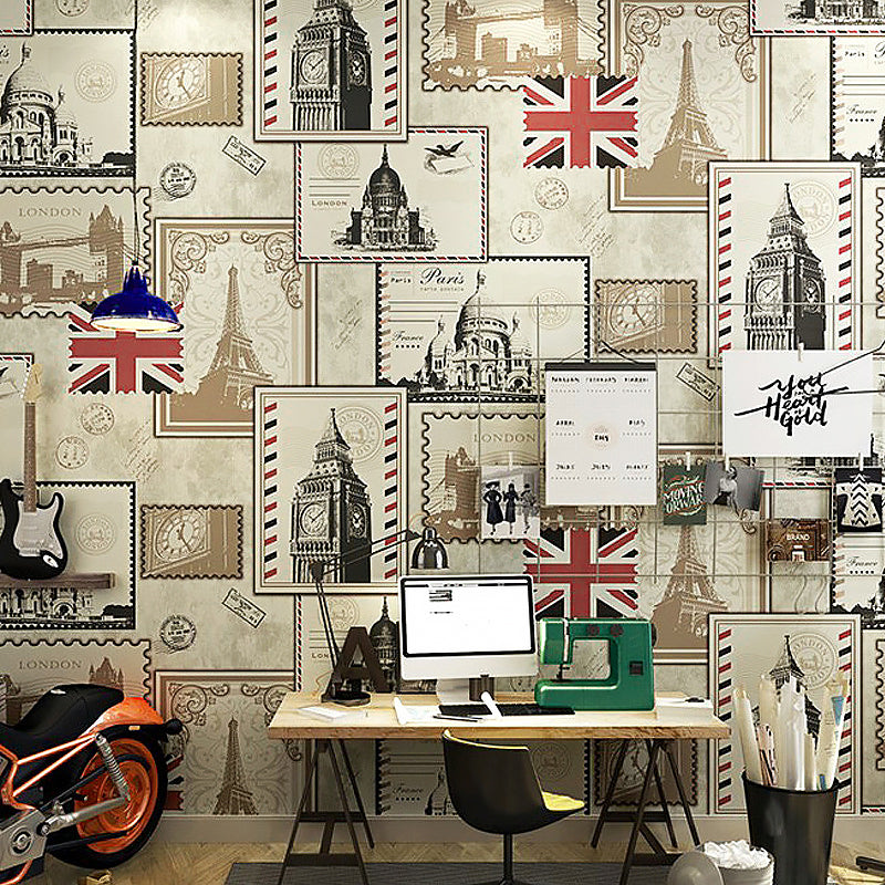 Multi-Colored 20.5-inch x 33-foot Vinyl Decorative Post Stamps and European Traditional Buildings and UK National Flags Flat Wallpaper Yellow Clearhalo 'Industrial wall decor' 'Industrial' 'Wallpaper' Wall Decor' 883636