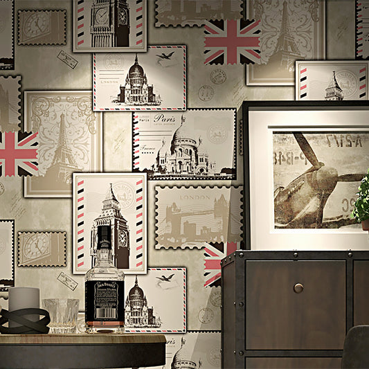 Multi-Colored 20.5-inch x 33-foot Vinyl Decorative Post Stamps and European Traditional Buildings and UK National Flags Flat Wallpaper Clearhalo 'Industrial wall decor' 'Industrial' 'Wallpaper' Wall Decor' 883637