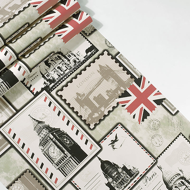 Multi-Colored 20.5-inch x 33-foot Vinyl Decorative Post Stamps and European Traditional Buildings and UK National Flags Flat Wallpaper Clearhalo 'Industrial wall decor' 'Industrial' 'Wallpaper' Wall Decor' 883639