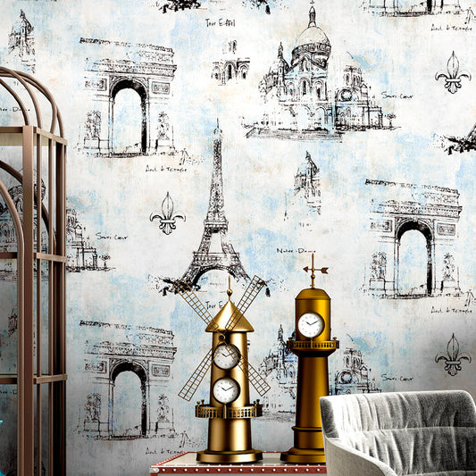 Coffee and Dress Room Wallpaper Eiffel Tower and Traditional European Buildings Design, 33' x 20.5", Non-Pasted Blue Clearhalo 'Industrial wall decor' 'Industrial' 'Wallpaper' Wall Decor' 883666