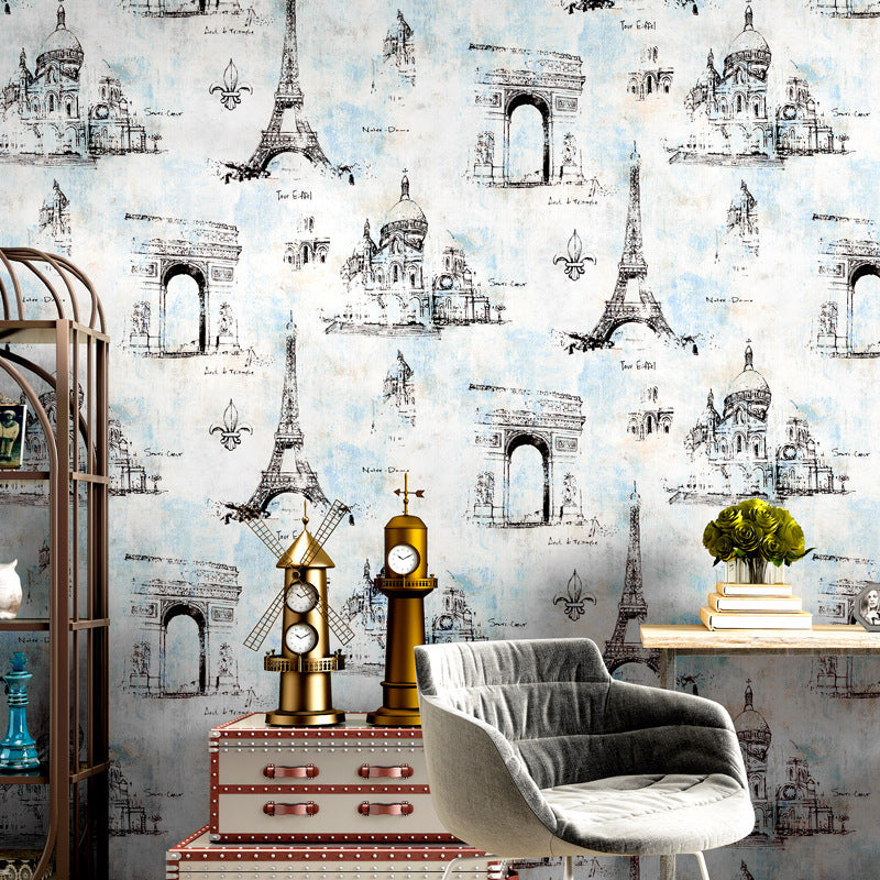 Coffee and Dress Room Wallpaper Eiffel Tower and Traditional European Buildings Design, 33' x 20.5", Non-Pasted Clearhalo 'Industrial wall decor' 'Industrial' 'Wallpaper' Wall Decor' 883667
