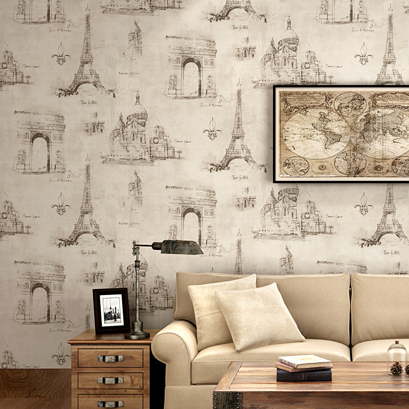 Coffee and Dress Room Wallpaper Eiffel Tower and Traditional European Buildings Design, 33' x 20.5", Non-Pasted Brown Clearhalo 'Industrial wall decor' 'Industrial' 'Wallpaper' Wall Decor' 883671