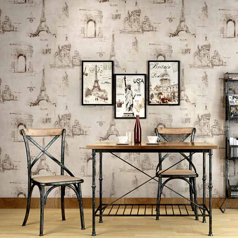 Coffee and Dress Room Wallpaper Eiffel Tower and Traditional European Buildings Design, 33' x 20.5", Non-Pasted Clearhalo 'Industrial wall decor' 'Industrial' 'Wallpaper' Wall Decor' 883672