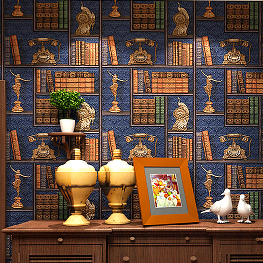 Vinyl Wallpaper with Original 3D Print Telephones and Statues on Bookcase Patterns, 57.1 sq ft. Blue Clearhalo 'Industrial wall decor' 'Industrial' 'Wallpaper' Wall Decor' 883706
