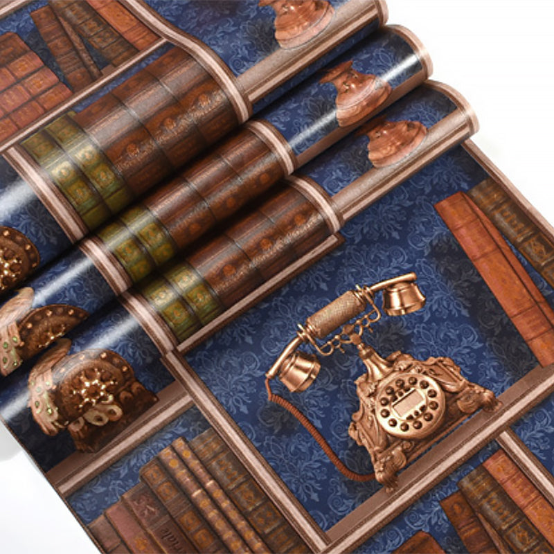 Vinyl Wallpaper with Original 3D Print Telephones and Statues on Bookcase Patterns, 57.1 sq ft. Clearhalo 'Industrial wall decor' 'Industrial' 'Wallpaper' Wall Decor' 883707