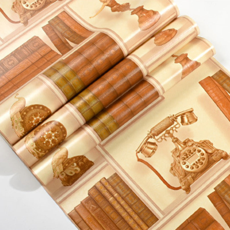 Vinyl Wallpaper with Original 3D Print Telephones and Statues on Bookcase Patterns, 57.1 sq ft. Clearhalo 'Industrial wall decor' 'Industrial' 'Wallpaper' Wall Decor' 883713