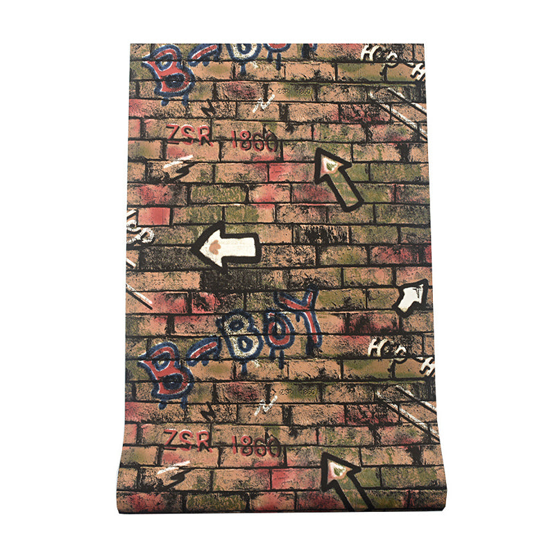 33-foot x 20.5-inch Industrial Horizontal Bricks with Street Hip-hop Graffiti of Letters and Numbers and Arrows Wallpaper, Non-Pasted Clearhalo 'Industrial wall decor' 'Industrial' 'Wallpaper' Wall Decor' 883731