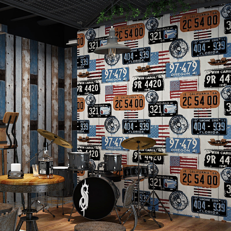 Decorative Non-Pasted Graffiti of Car Plates and USA National Flags Matted Plaster Wallpaper in Multi-Color Clearhalo 'Industrial wall decor' 'Industrial' 'Wallpaper' Wall Decor' 883739