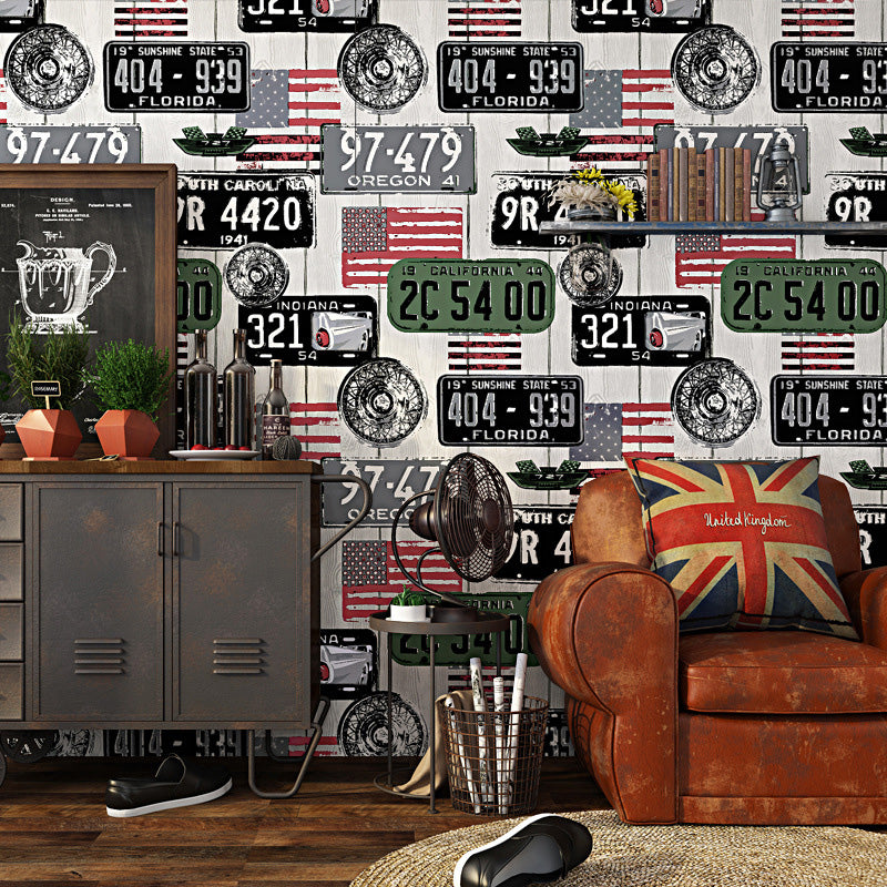 Decorative Non-Pasted Graffiti of Car Plates and USA National Flags Matted Plaster Wallpaper in Multi-Color Clearhalo 'Industrial wall decor' 'Industrial' 'Wallpaper' Wall Decor' 883740
