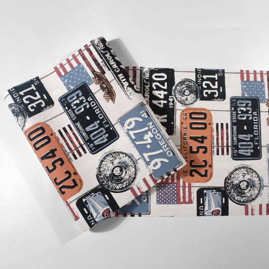 Decorative Non-Pasted Graffiti of Car Plates and USA National Flags Matted Plaster Wallpaper in Multi-Color Clearhalo 'Industrial wall decor' 'Industrial' 'Wallpaper' Wall Decor' 883742