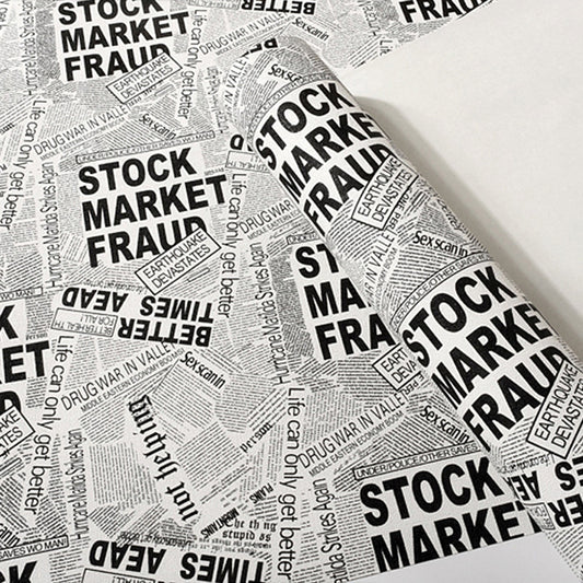 Non-Pasted Wallpaper with Black and White Newspaper under the Title of STOCK MARKET FRAUD, 20.5"W x 33'L Clearhalo 'Industrial wall decor' 'Industrial' 'Wallpaper' Wall Decor' 883756