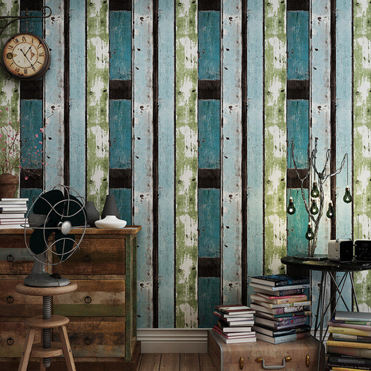 Simple Nostalgic Vertical Wood and Inserted Stone Wallpaper, Non-Pasted Green Clearhalo 'Industrial wall decor' 'Industrial' 'Wallpaper' Wall Decor' 883763
