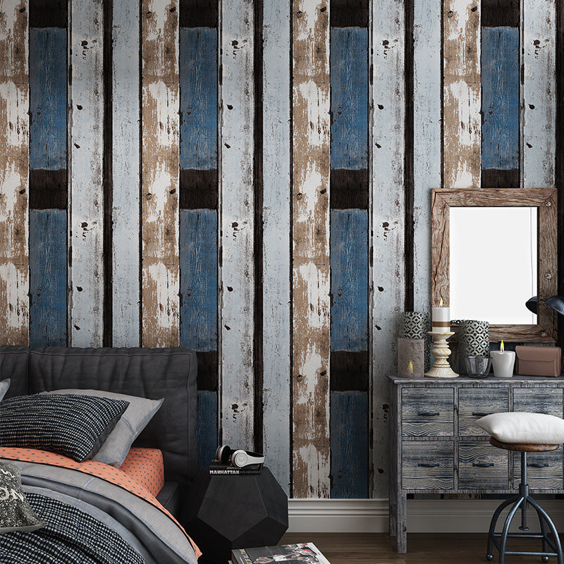Simple Nostalgic Vertical Wood and Inserted Stone Wallpaper, Non-Pasted Blue Clearhalo 'Industrial wall decor' 'Industrial' 'Wallpaper' Wall Decor' 883768