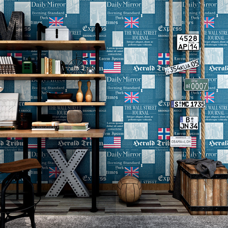Vintage Newspaper with English Title and USA National Flags 33-foot x 20.5-inch Non-Pasted Washable Wallpaper Blue Clearhalo 'Industrial wall decor' 'Industrial' 'Wallpaper' Wall Decor' 883778