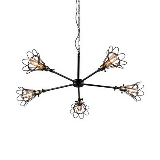 Mini Cage Dining Room Hanging Ceiling Fixture Antique Style Iron 5-Light Black Chandelier Pendant Light Clearhalo 'Cast Iron' 'Ceiling Lights' 'Chandeliers' 'Industrial Chandeliers' 'Industrial' 'Metal' 'Middle Century Chandeliers' 'Rustic Chandeliers' 'Tiffany' Lighting' 88396