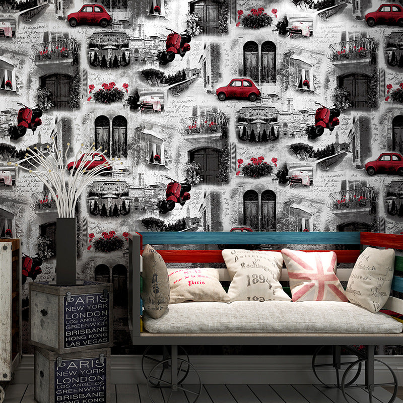 Vintage European Streets Wallpaper Flowers and Buildings and Waterproof Non-Pasted Wall Decor, 31' by 20.5" Black-White Clearhalo 'Industrial wall decor' 'Industrial' 'Wallpaper' Wall Decor' 884825