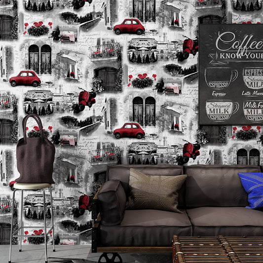 Vintage European Streets Wallpaper Flowers and Buildings and Waterproof Non-Pasted Wall Decor, 31' by 20.5" Clearhalo 'Industrial wall decor' 'Industrial' 'Wallpaper' Wall Decor' 884826