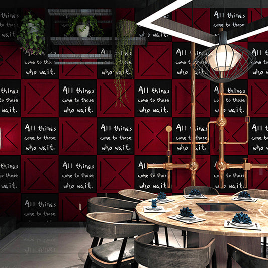 Coffee and Dress Shop Wallpaper Red and Black Square Box with English Phrases Design, 20.5" by 31', Non-Pasted Clearhalo 'Industrial wall decor' 'Industrial' 'Wallpaper' Wall Decor' 884831
