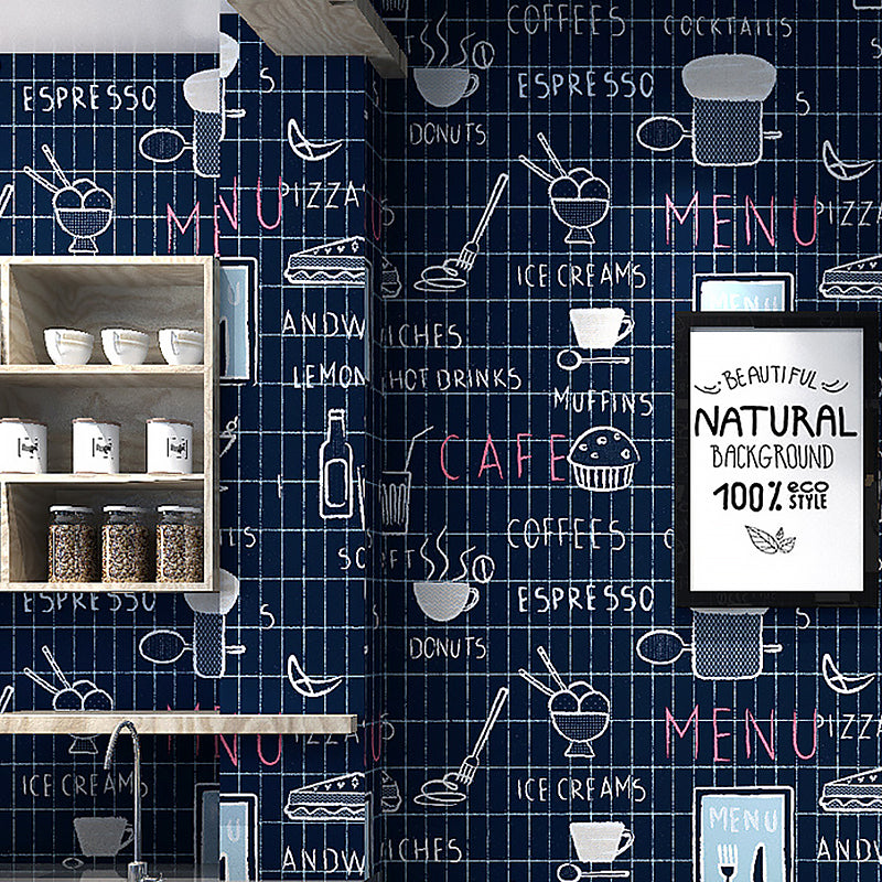 Non-Pasted Food and Drinks Wallpaper 20.5" by 31' Retro Graffiti Wall Decor for Cafe Blue Clearhalo 'Industrial wall decor' 'Industrial' 'Wallpaper' Wall Decor' 884836