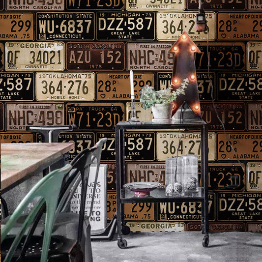 Industrial Wallpaper with European Car Plates and Numbers, 21"W x 33'L, Non-Pasted Brown Clearhalo 'Industrial wall decor' 'Industrial' 'Wallpaper' Wall Decor' 885085