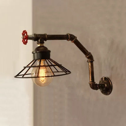 1 Bulb Wire Conical Wall Lighting with Pipe Design Vintage Industrial Bronze Finish Metal Sconce Lamp Bronze Clearhalo 'Art deco wall lights' 'Cast Iron' 'Glass' 'Industrial wall lights' 'Industrial' 'Middle century wall lights' 'Modern' 'Rustic wall lights' 'Tiffany' 'Traditional wall lights' 'Wall Lamps & Sconces' 'Wall Lights' Lighting' 88583