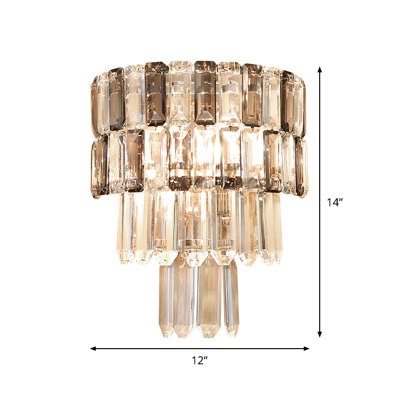 Layered Smoke Gray Crystal Sconce Modernism 2 Bulbs Living Room Wall Mounted Light Fixture Clearhalo 'Modern wall lights' 'Modern' 'Wall Lamps & Sconces' 'Wall Lights' Lighting' 885937