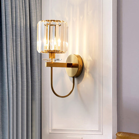 Crystal Column Sconce Light Fixture Modernism 1 Bulb Living Room Wall Lamp in Gold with Gooseneck Arm Gold Clearhalo 'Cast Iron' 'Glass' 'Industrial' 'Modern wall lights' 'Modern' 'Tiffany' 'Traditional wall lights' 'Wall Lamps & Sconces' 'Wall Lights' Lighting' 885938