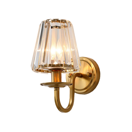 Modern Cone Wall Light Fixture 1 Head K9 Crystal Wall Sconce in Gold with Arched Arm Clearhalo 'Cast Iron' 'Glass' 'Industrial' 'Modern wall lights' 'Modern' 'Tiffany' 'Traditional wall lights' 'Wall Lamps & Sconces' 'Wall Lights' Lighting' 885943