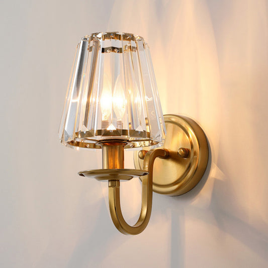 Modern Cone Wall Light Fixture 1 Head K9 Crystal Wall Sconce in Gold with Arched Arm Clearhalo 'Cast Iron' 'Glass' 'Industrial' 'Modern wall lights' 'Modern' 'Tiffany' 'Traditional wall lights' 'Wall Lamps & Sconces' 'Wall Lights' Lighting' 885944