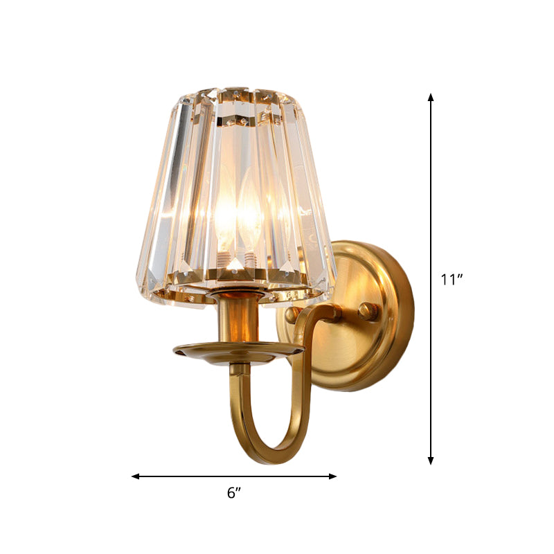 Modern Cone Wall Light Fixture 1 Head K9 Crystal Wall Sconce in Gold with Arched Arm Clearhalo 'Cast Iron' 'Glass' 'Industrial' 'Modern wall lights' 'Modern' 'Tiffany' 'Traditional wall lights' 'Wall Lamps & Sconces' 'Wall Lights' Lighting' 885945