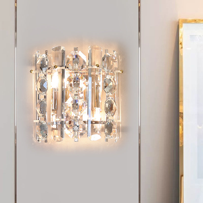 2-Light Wall Lamp Contemporary Living Room Sconce with Half Cylinder Clear Crystal Shade Clear Clearhalo 'Modern wall lights' 'Modern' 'Wall Lamps & Sconces' 'Wall Lights' Lighting' 885958