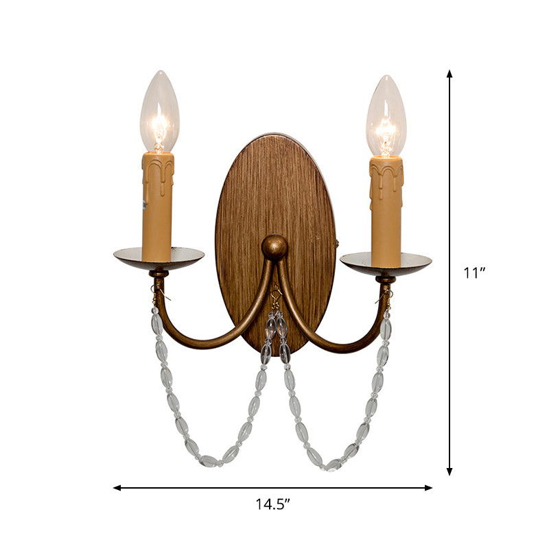 Wood Candle Wall Sconce Light Rustic Crystal Bead 2 Lights Hallway Wall Mount Lamp Clearhalo 'Wall Lamps & Sconces' 'Wall Lights' Lighting' 885974