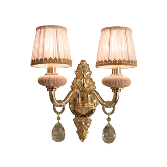 Fabric Pink Wall Light Cone 1/2-Bulb Rural Wall Sconce Lighting Fixture with Clear Crystal Drop Clearhalo 'Wall Lamps & Sconces' 'Wall Lights' Lighting' 885985