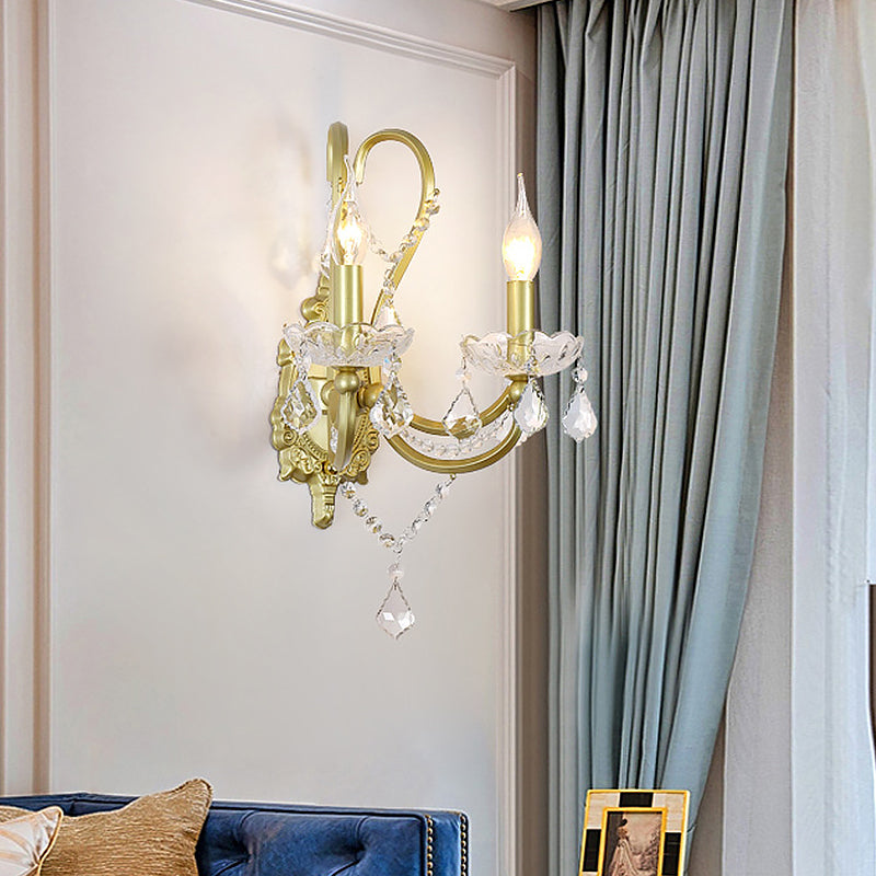 Rural Candle Wall Sconce Lamp 1/2-Head Crystal Wall Lighting Fixture in Gold for Living Room Clearhalo 'Wall Lamps & Sconces' 'Wall Lights' Lighting' 885993