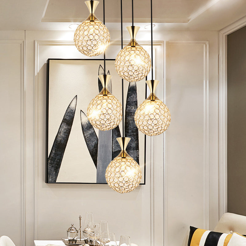 3/5 Bulbs Globe Cluster Pendant Modern Gold Cut Crystal Hanging Ceiling Light for Dining Room 5 Gold Clearhalo 'Ceiling Lights' 'Modern Pendants' 'Modern' 'Pendant Lights' 'Pendants' Lighting' 886001